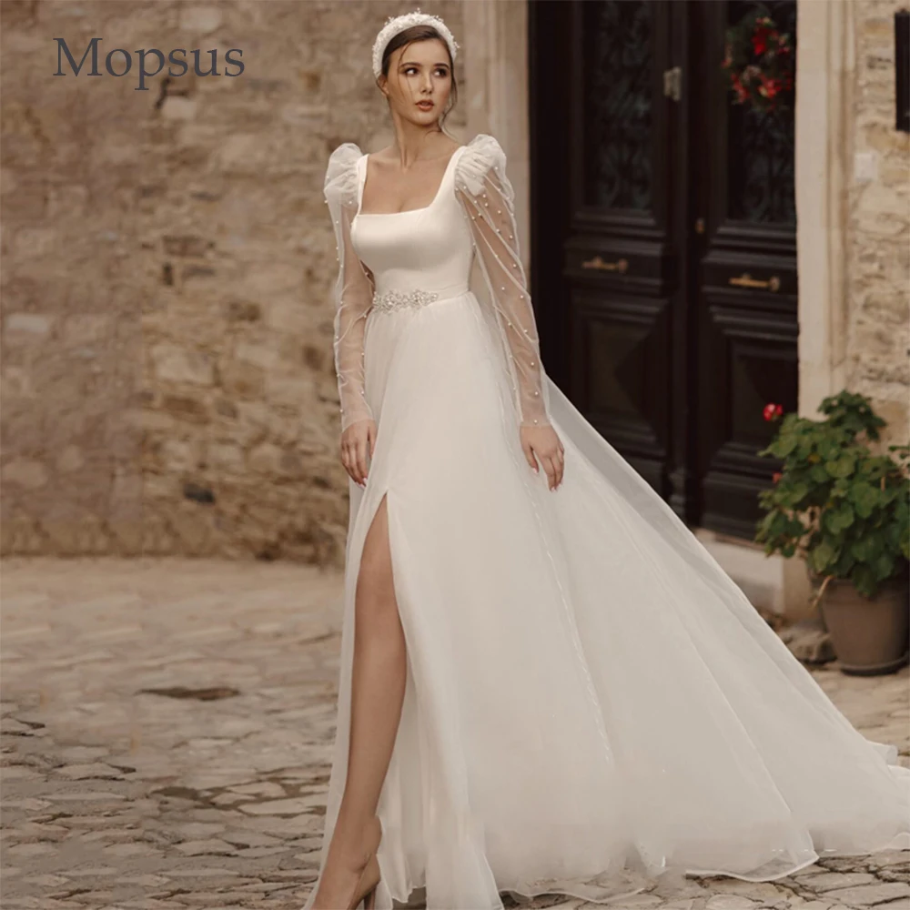 

Princess Wedding Dress Square Collar Long Puff Sleeve With Pearls Backless A Line Slit Tulle Bride Dress Robe De Mariee Customiz
