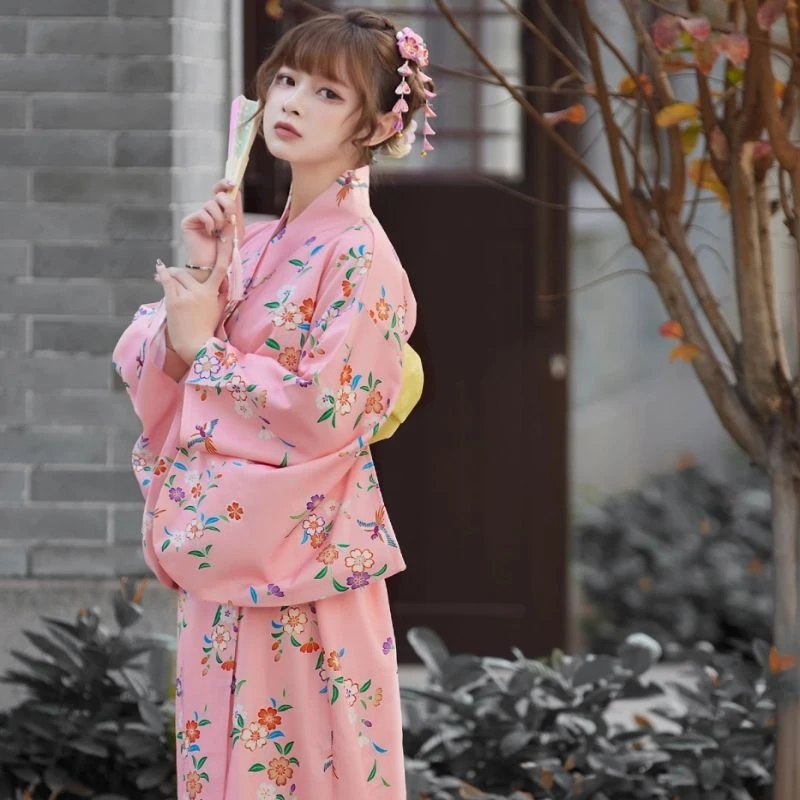

Женское длинное платье в японском стиле, традиционное кимоно розового цвета с Оби, костюм для косплея, юката для фотосъемки