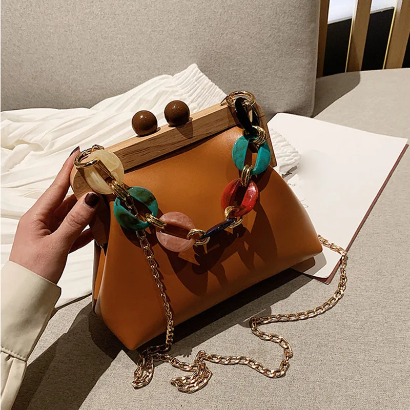 

Women Trendy Shoulder Bags Luxury PU Handbag Vintage Clip Clutch Bag Purses Mini Acrylic Chain Crossbody Totes Ladies Hand Bag