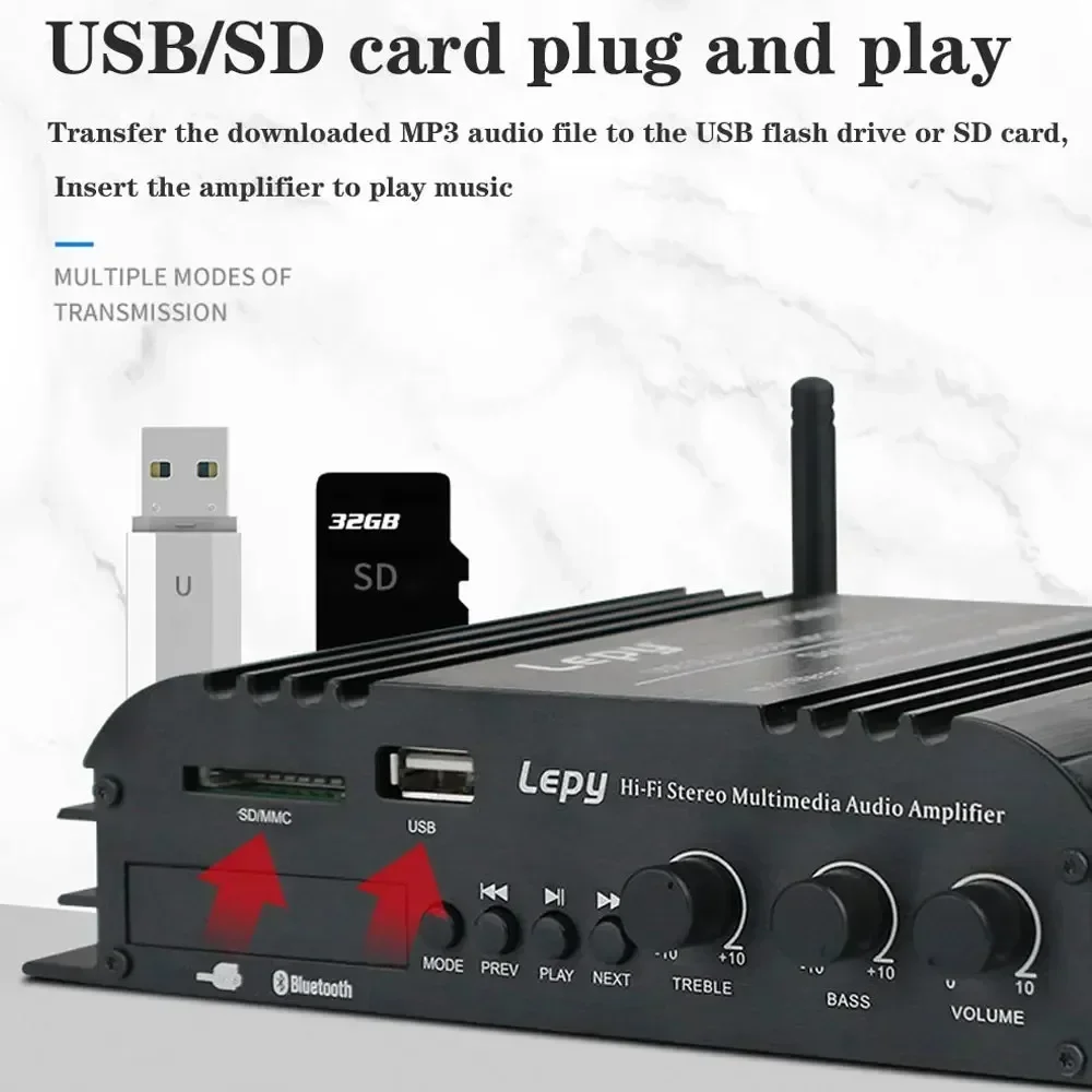 Фото Усилитель звука LEPY LP-269S Bluetooth, 4-канальный Hi-Fi стереоусилитель с USB, SD, DVD, CD, FM, MP3 для автомобиля, дома, компьютера, воспроизведения музыки без потерь №3