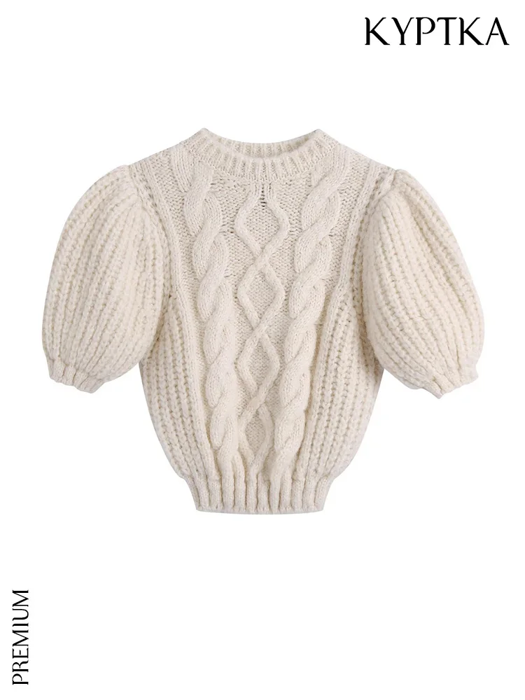 

KYPTKA Women Fashion Cable-Knit Cropped Sweater Vintage O Neck Puff Sleeve Female Pullovers Chic Tops