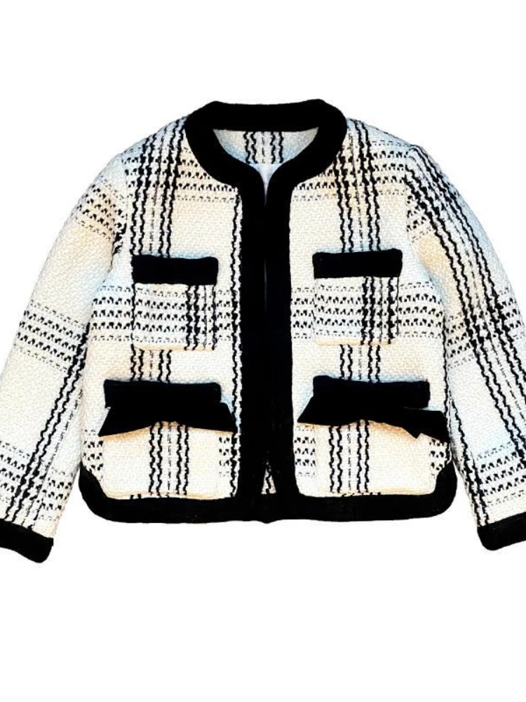 

2023 Autumn Winter Women Warm Fleece Coat Jacket Plaid with Bow Thickened Keep WarmO-neck Female Chic Outwear Top Clothing T437