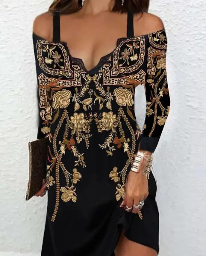 

Женское повседневное мини-платье с длинным рукавом, винтажное платье для отпуска с принтом плеч, с открытыми плечами, 2023