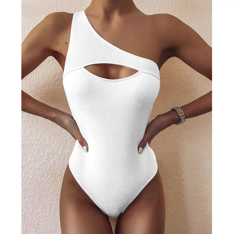 One-shoulder Solid Hollow Out Swimsuit Bodysuit Sexy Slim Fit Swimwear Push Up Padded Beachwear For Ladies