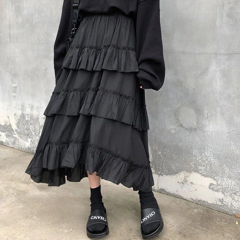 

Black Long Skirts Women Gothic High Low Ruched Ruffle High Waisted Asymmetrical Midi Skirt Korean Fashion Goth Grunge