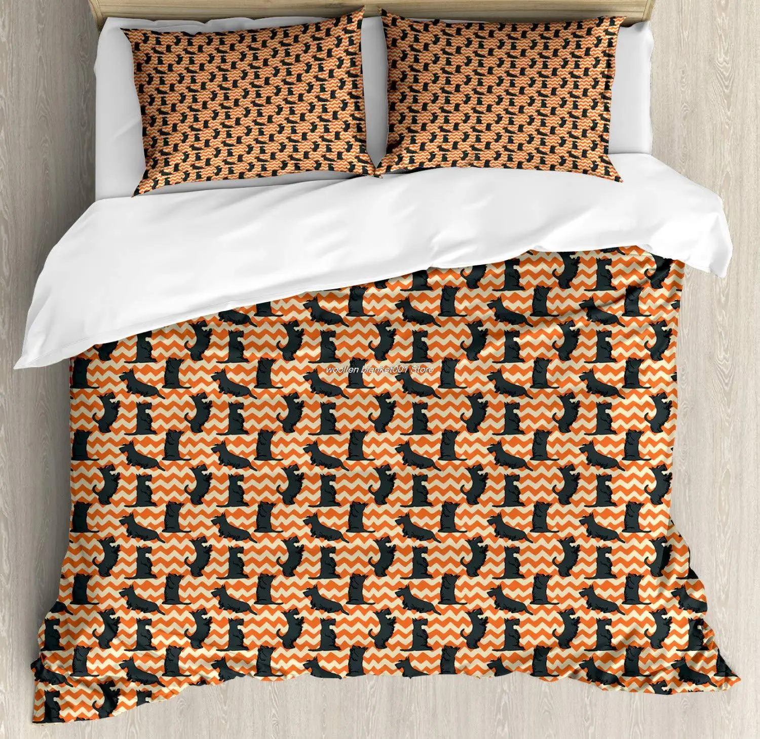 

Scottie Dog Duvet Cover Set Sketched Puppies on a Crooked Chevron Zigzag Backdrop Decorative 3 Piece Bedding Set with 2 Pillow
