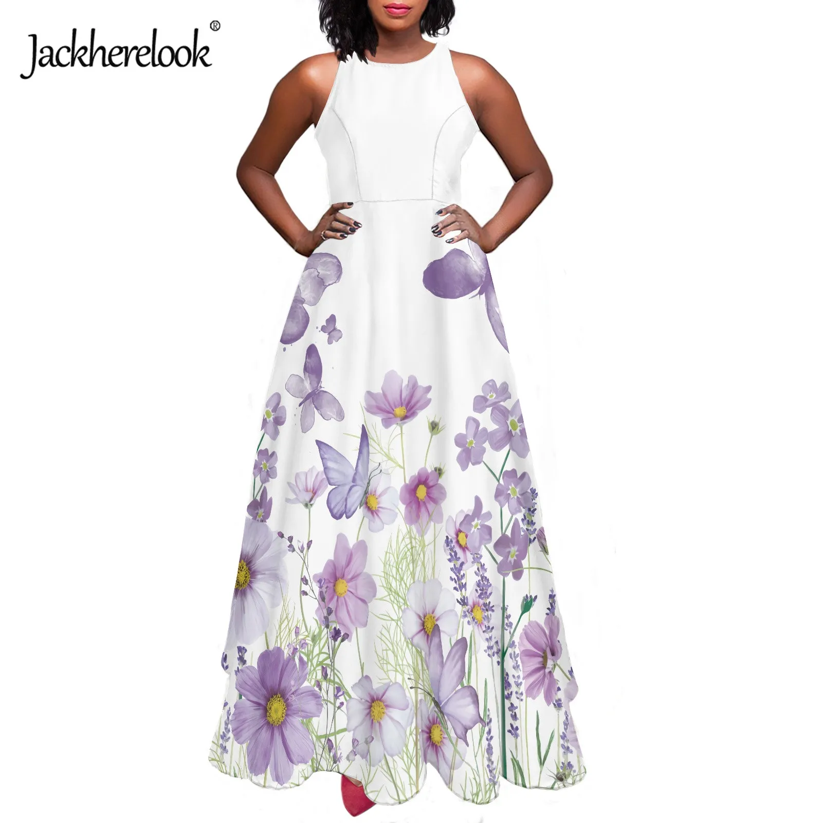 

Jackherelook Butterfly with Flowers Pattern Comfortable Women Long Dresses Stylish Elegant Female Party Maxi Sleeveless Dresses