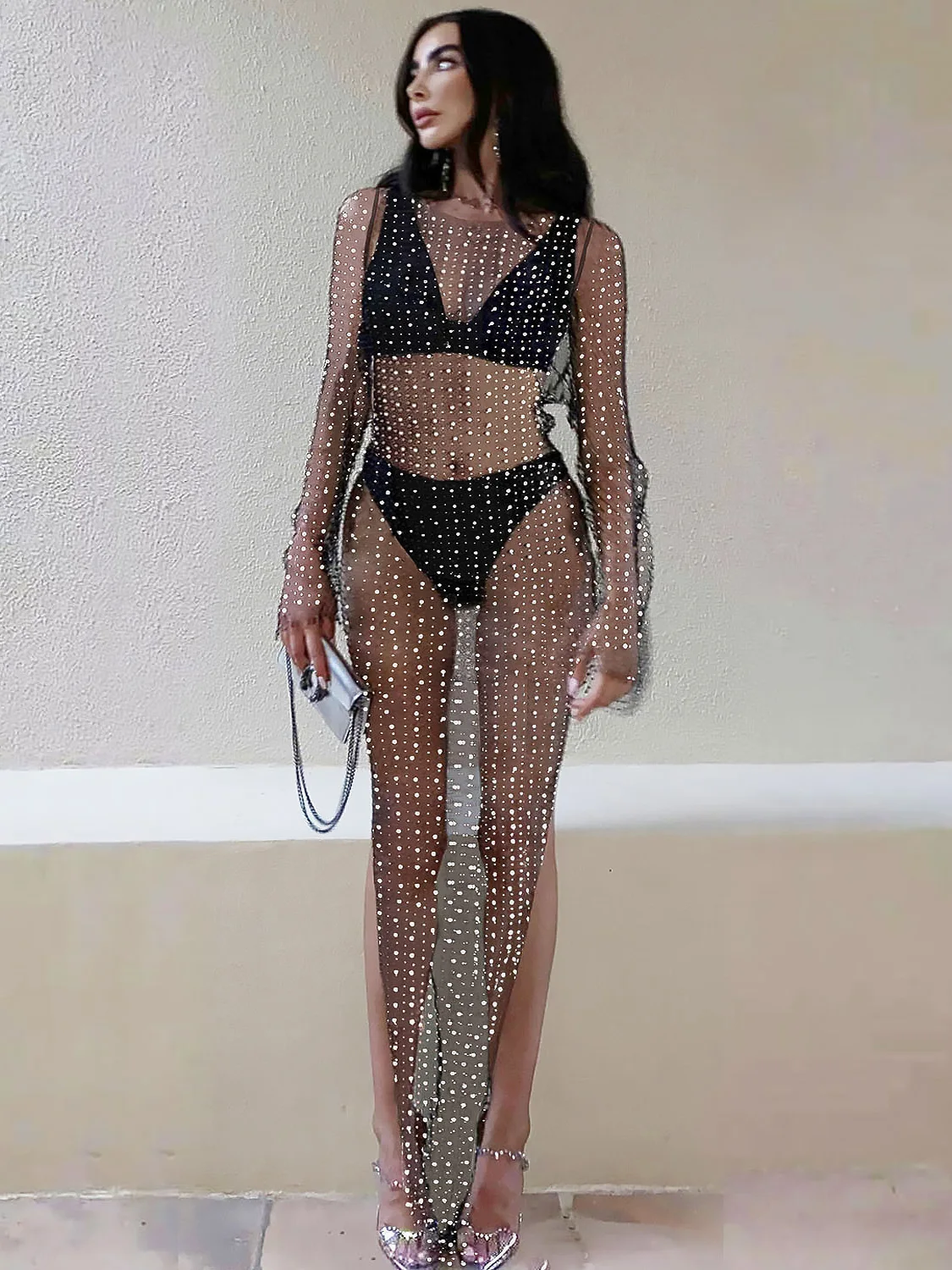 

Новинка жемчужные прозрачные накидки с длинным рукавом праздничное пляжное украшение с бриллиантами женское пляжное платье Элегантное од...