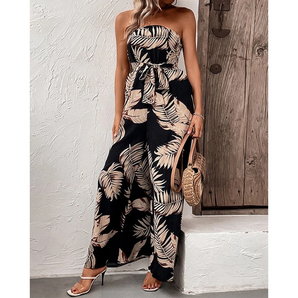 Женский комбинезон с тропическим принтом элегантный черный завязкой на груди и