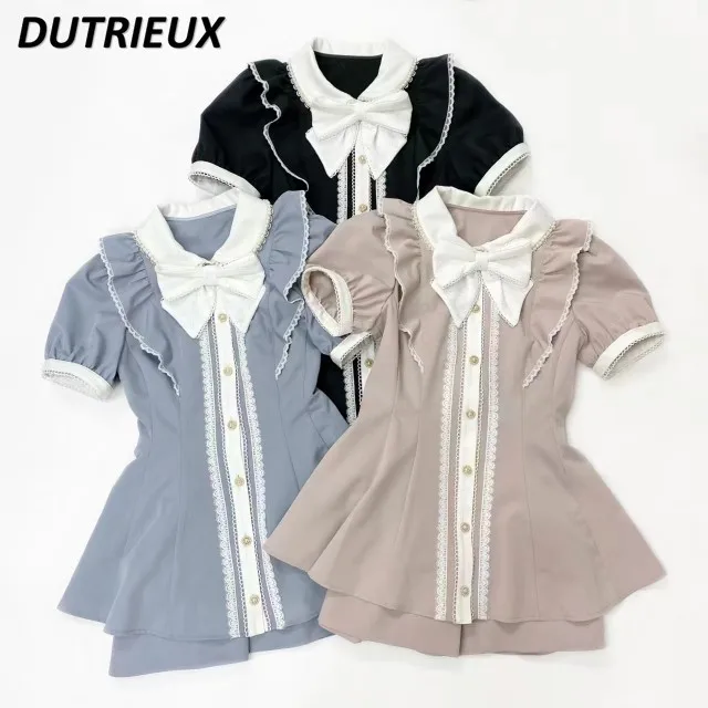 

Japanese Style Cute Sweet Women Shorts Suit Two Piece Sets Rojita Ruffle Collar Bow Lace Stitching Short Sleeve Blouse Culottes