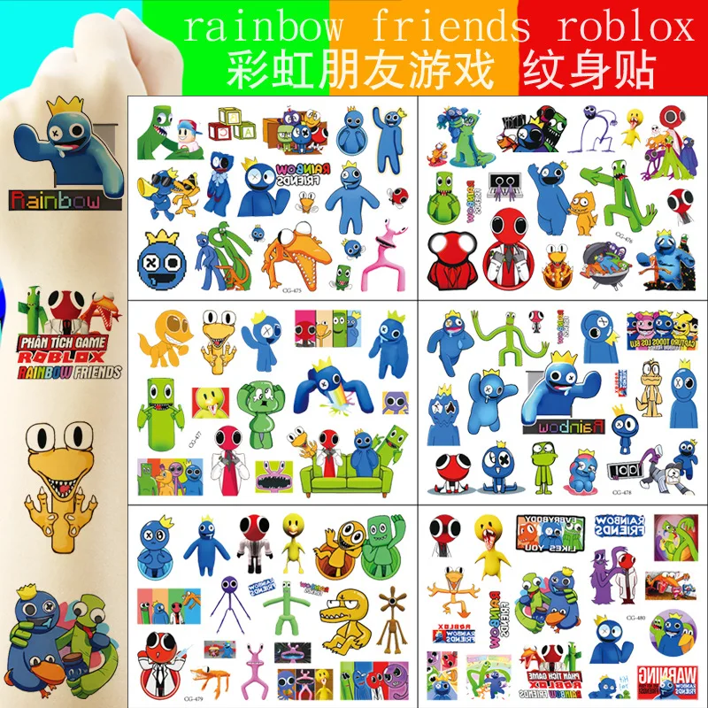 Купи Rainbow Friends Tattoo Stickers Blue Monster Toys Cute Cartoon Kawaii Anime Action Figure Children's Christmas Gift за 47 рублей в магазине AliExpress