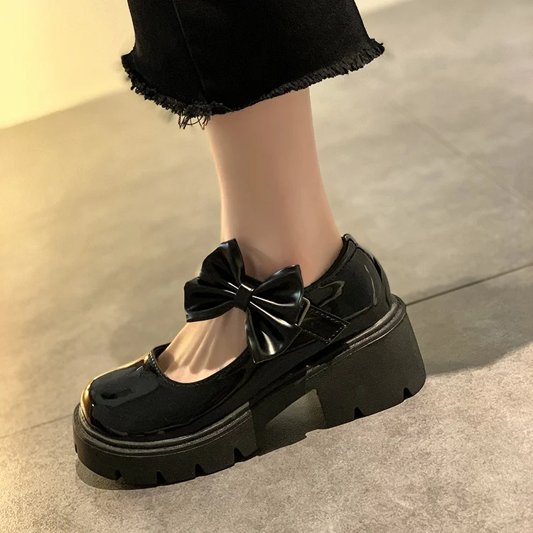 

Туфли женские кожаные на платформе с бантом, Туфли Мэри Джейн, круглый носок, высокий каблук, толстая подошва, Лолита