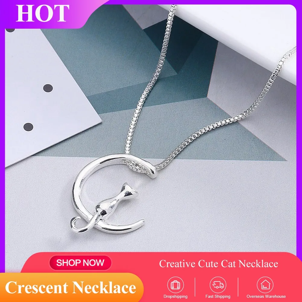 

1 Pcs Fashion Female Cute Cat Exquisite And Graceful Crescent Necklace Cat Sitting On The Moon Necklace Gift Preferred