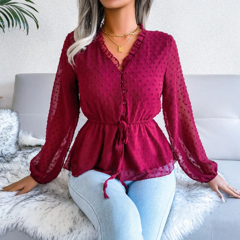 Women's Clothing Sexy V-Neck Ruffles Blouse Chiffon Long Lantern Sleeve Blouses and Shirts Solid Office Tops Streetwear Blusas