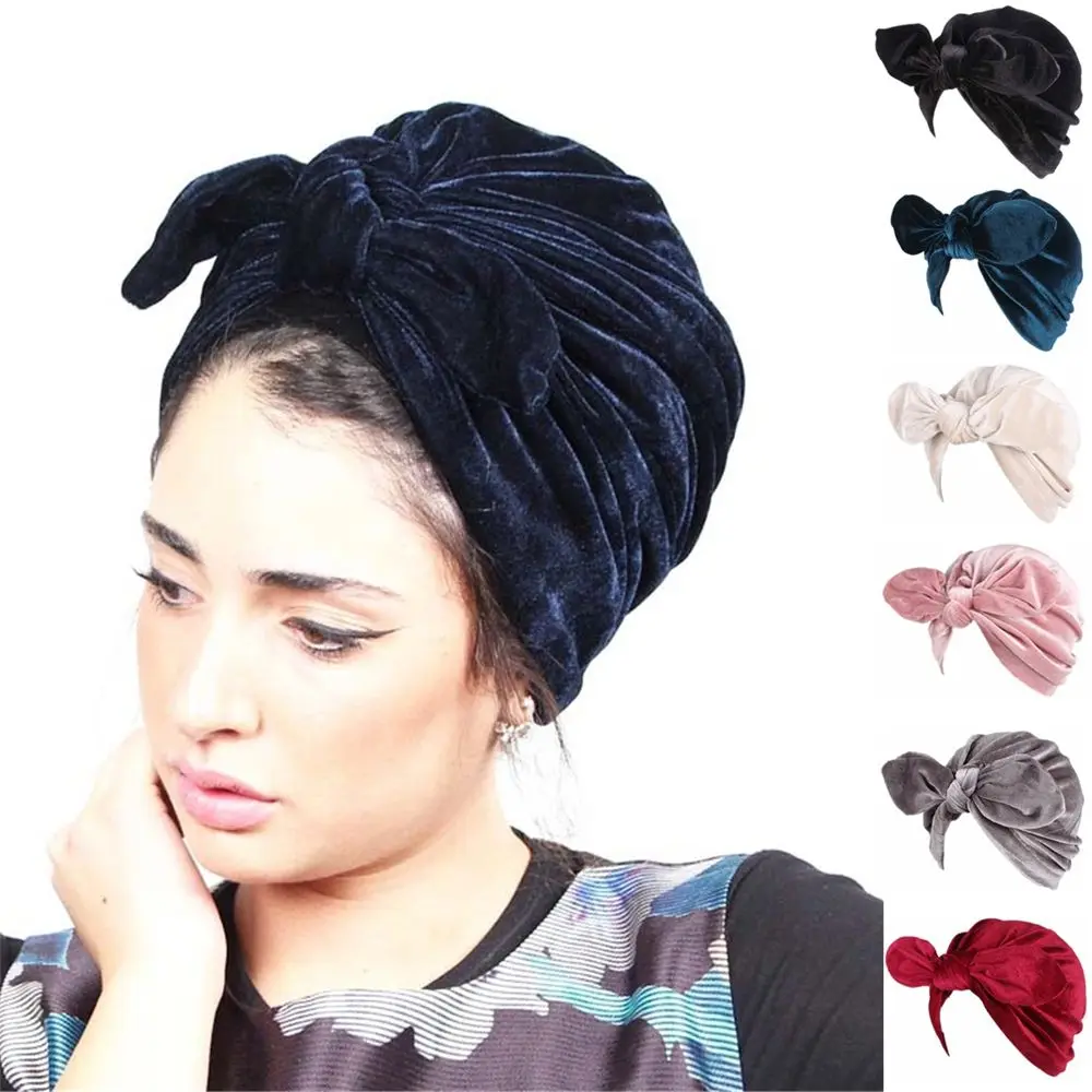 

Women's Fashion Rabbit Ears Turban Head Wrap Head Cover Bowknot Cap Indian Hijab Velvet Hat Chemo Cap