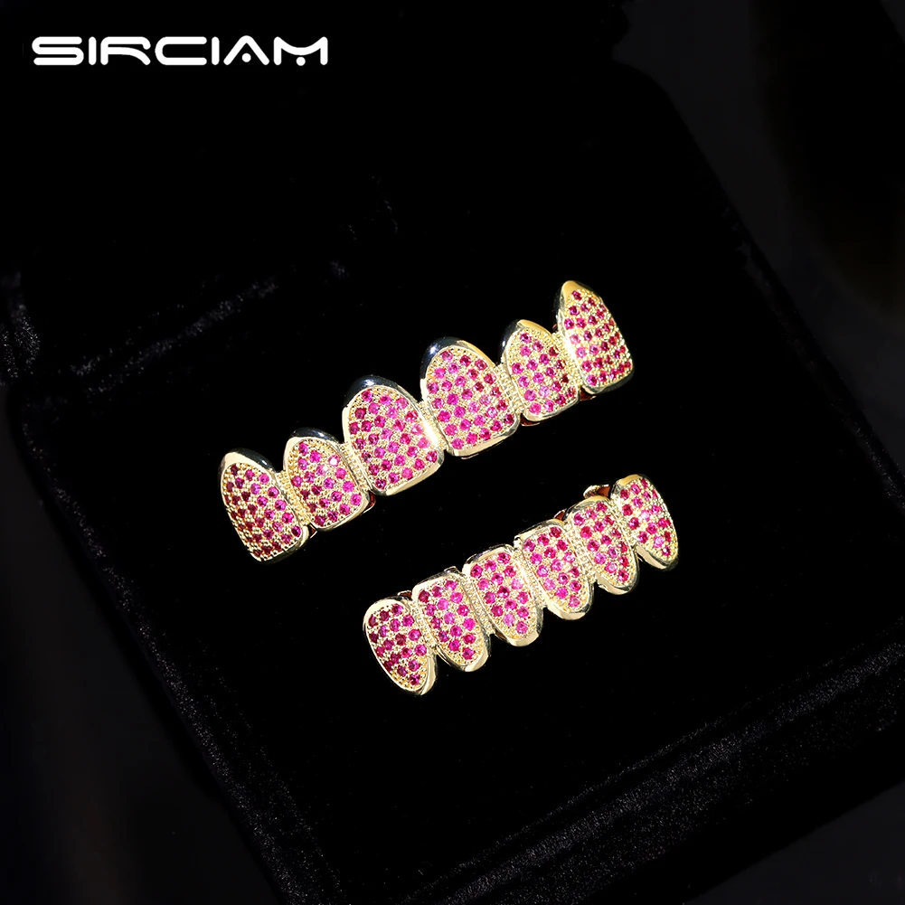 

Iced Out Pink Cubic Zirconia Teeth Grillz For Men Micro Pave Top&Bottom Teeth Grillz Caps Bling Dental Grills Jewelry Hiphop New