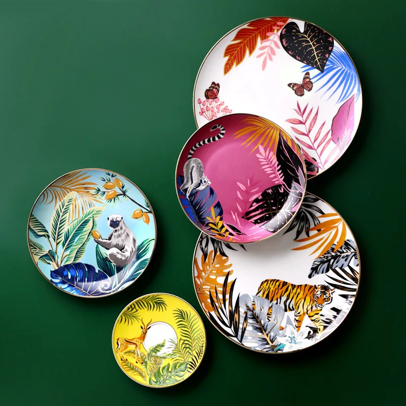 

New Style Forest Animal Tiger Pattern Tableware Ceramics Dinner Plates Bone China Porcelain Plate with Golden Edge Western Dish