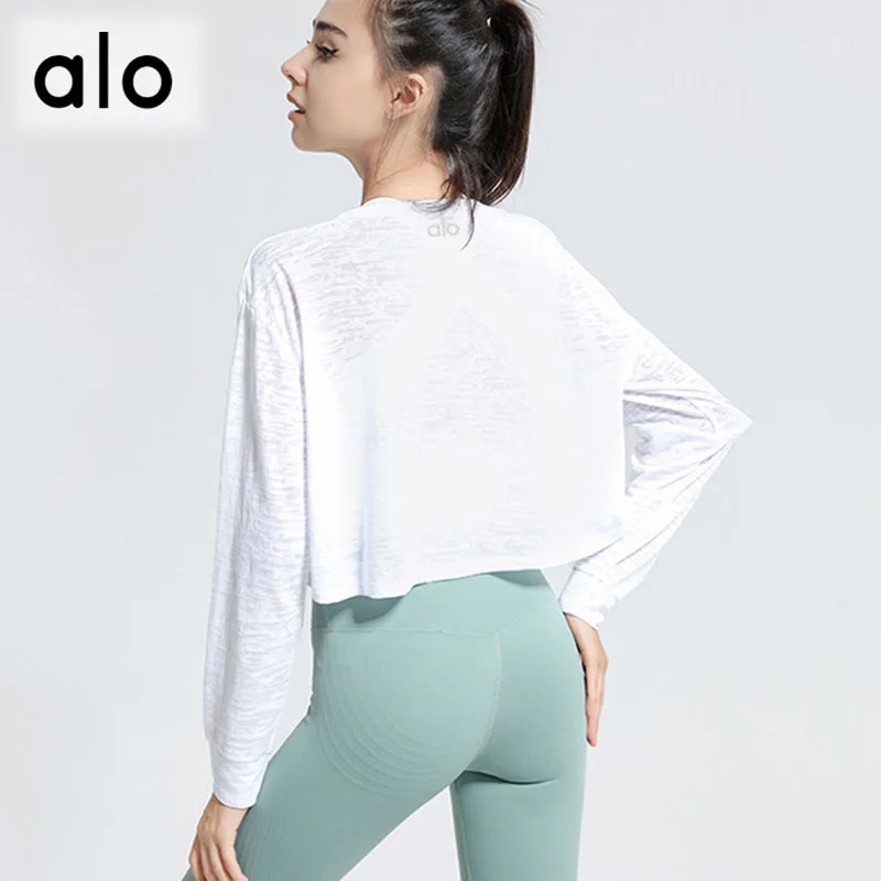 

Alo Yoga Women White Long Sleeve T-Shirts Crop Top Plus Size Loose Sports Tee Gym Wear Fitness Summer Workout Clothes Sportswear