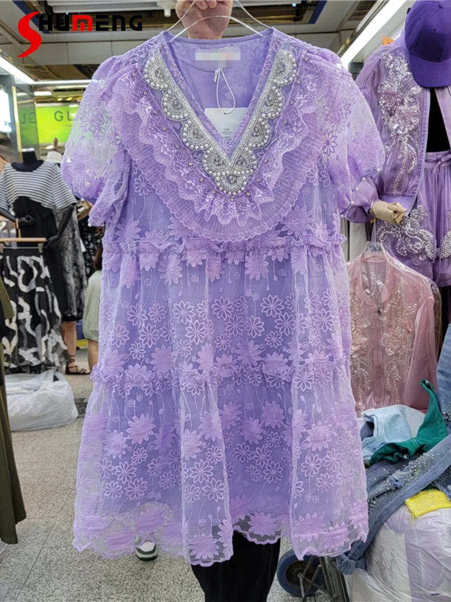 

Female European Beads Embroidered Lace Ruffled V-neck Above Knee Dress Women 2022 Summer Fashion Sweet Elegant Princess Dress