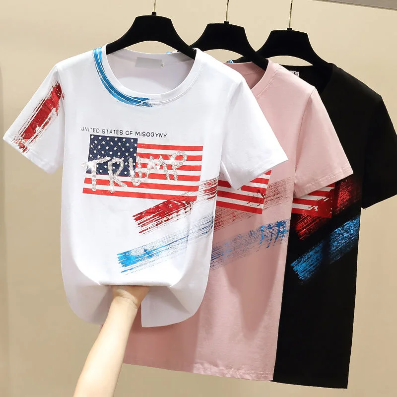 

Women Casual Blouse T-shirt O Neck Short Sleeve American Flag Print Sequins Cotton Tees Ladies Casual Loose Summer Tshirt Traf