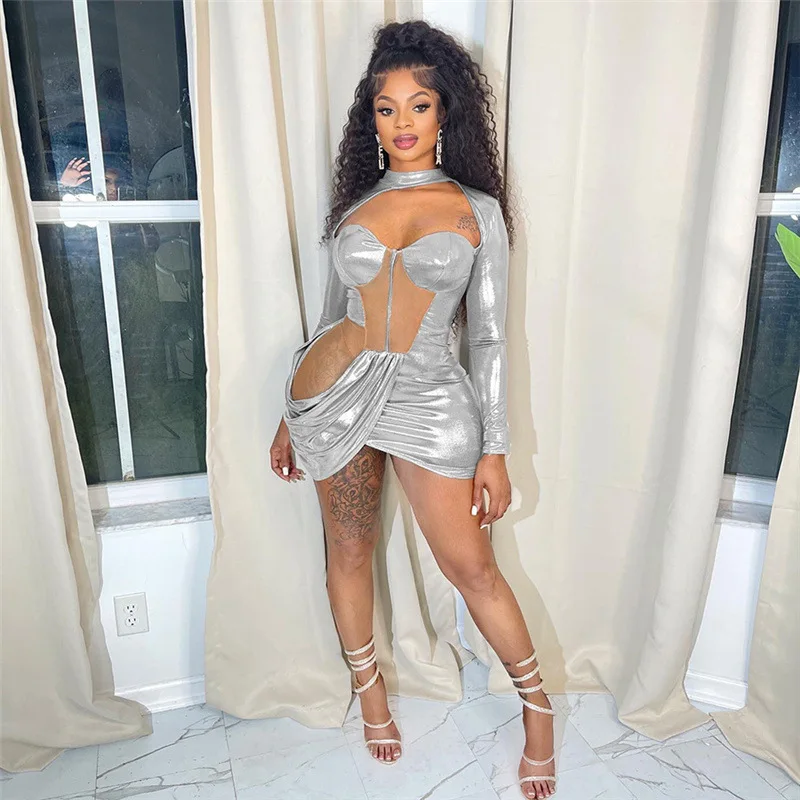 

Patchwork Hollow Out Mesh Party Dress Women Irregular Ribbon Chic Wrap Long Sleeve Wedding Birthday Midnight Dresses Clubwear