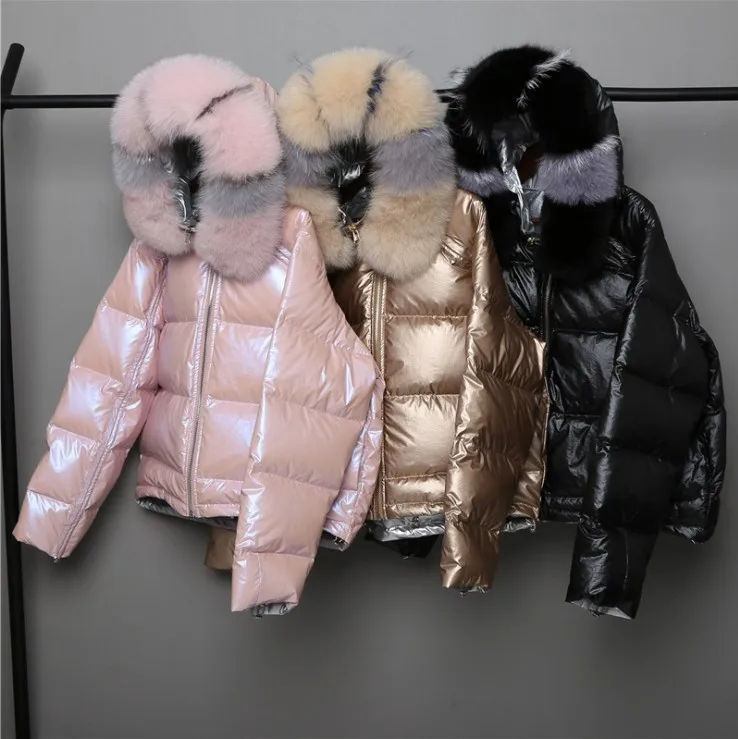 

2022 Winter New Coat Bright Leather Double-Sided Wear Short Casual Down Jacket Real Fox Fur Collar Loose White Duck Down Jacket