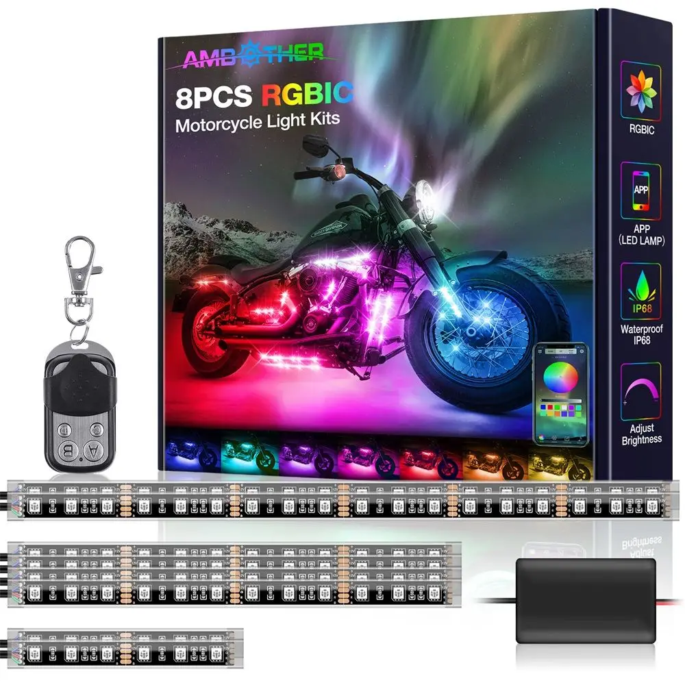 

8in1 12V RGB LED Brake Lights Car Motorcycle Atmosphere Light Wireless Remote Control Moto Decorative Strip Lamp