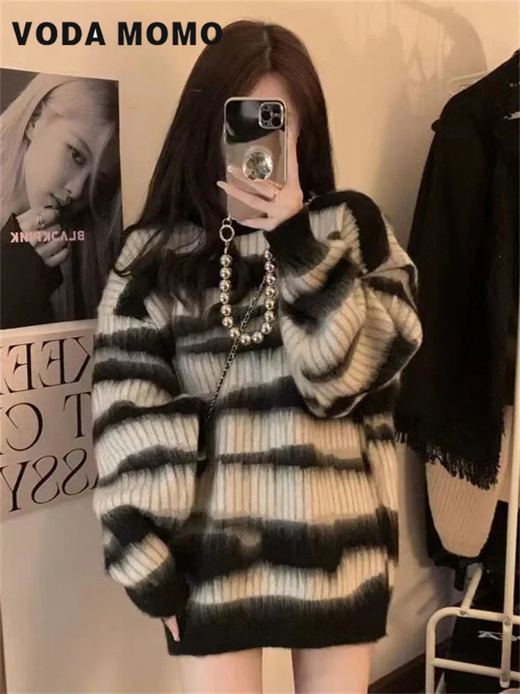 Женский мягкий свободный винтажный вязаный топ на осень-зиму 2023 нежный стиль