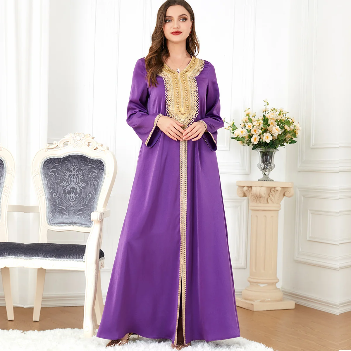 Women Ramadan Muslim Noble Purple Pearl Embroidered Skirt Turkish Indian Abaya Arab Islamic Woman Moroccan Kafutan Gown