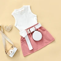 summer skirt sets kids girl outfit solid color sleeveless tank tops and casual pocket mini skirt fanny pack set vestido child