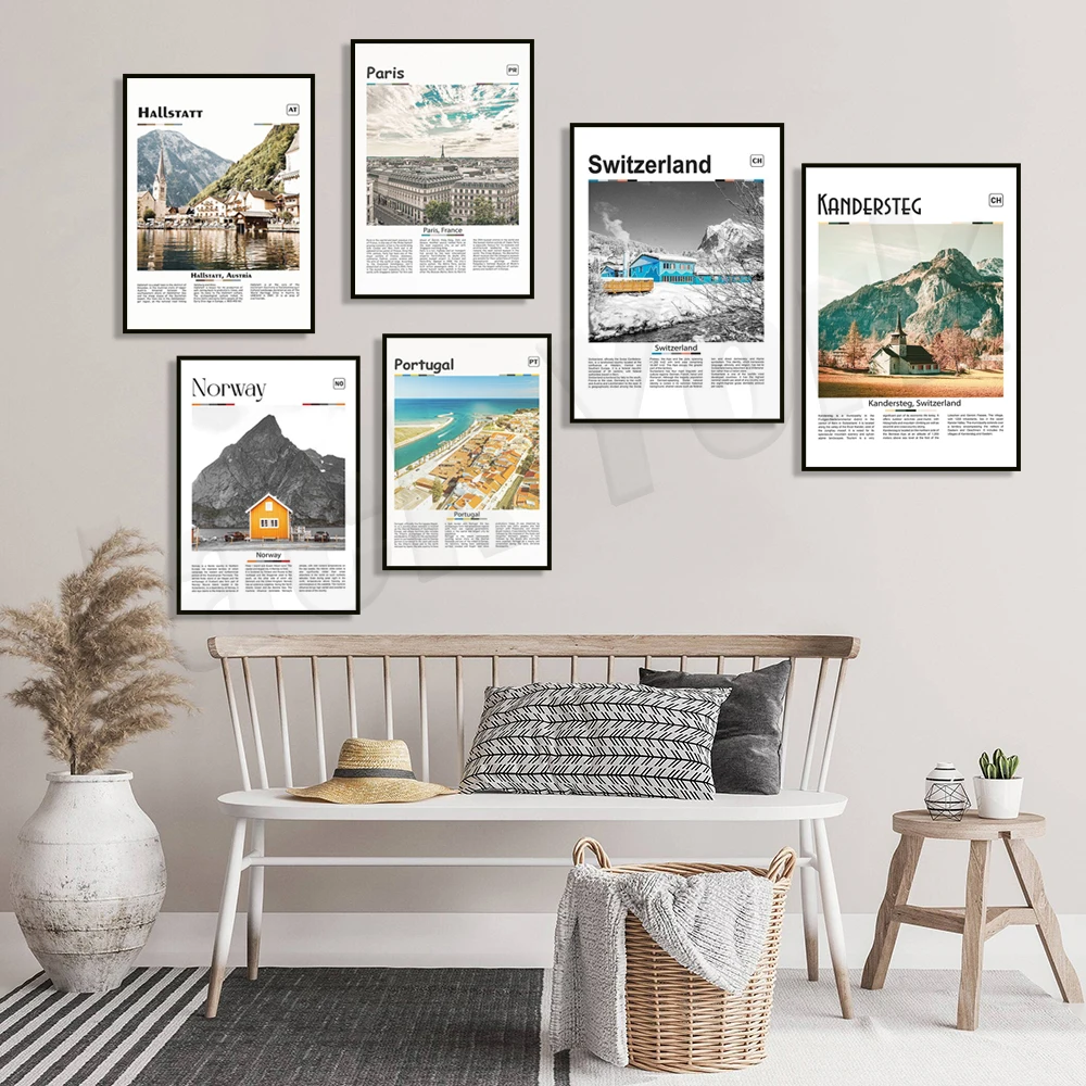 Плакат для путешествий Лиссабон, Португалия, Швеция, Париж, Италия, Санторини, Испания, Норвегия, Мадрид, Барселона, Хорватия, Марсель, Франция