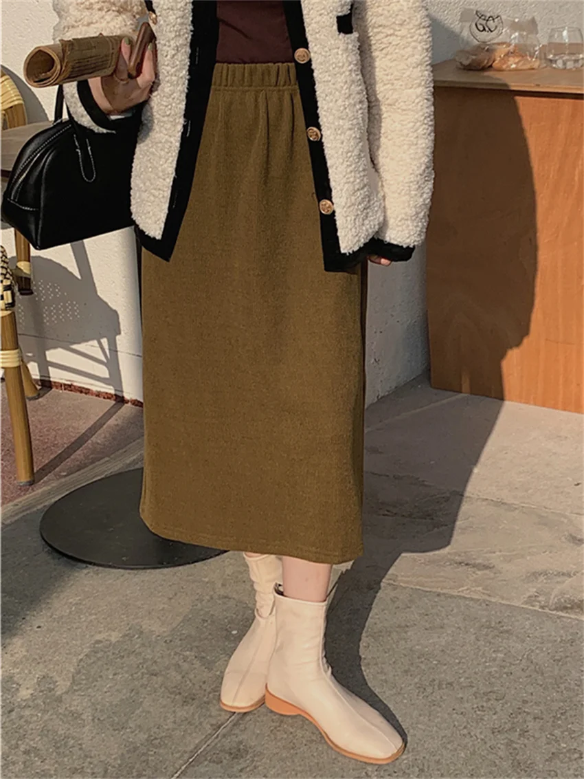 

HziriP 2022 Straight Long Skirts Women Chenille Solid Plush Winter Chic OL Mujer Thicken New Loose Split Sexy Slim Office Lady