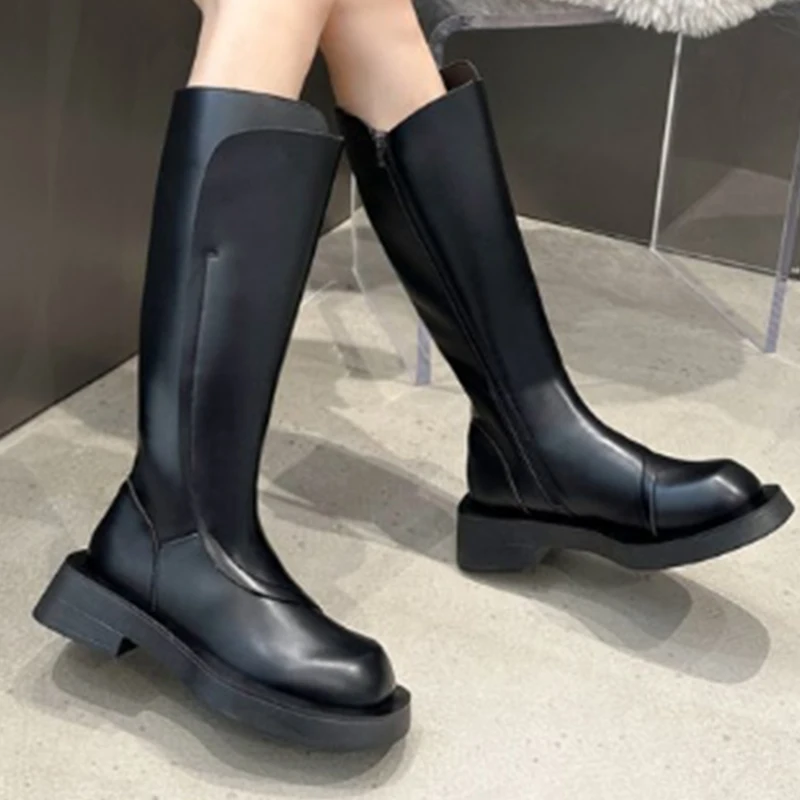 

Women Flats Knee High Winter Boots Zipper Platform New Brand Shoes 2023 Fashion Gladiator Punk Party Designer Femme Casual Boots