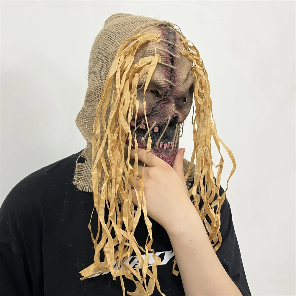 

Halloween horror mask, linen bag, scarecrow latex head cover, haunted room props, stitching, skull head mask