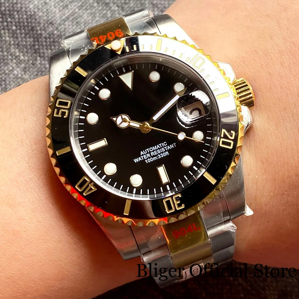

Мужские часы с автоподзаводом BLIGER NH35A 40 мм, двухцветные золотистые полированные браслет с устрицами, сапфировое стекло, светящийся черный циферблат
