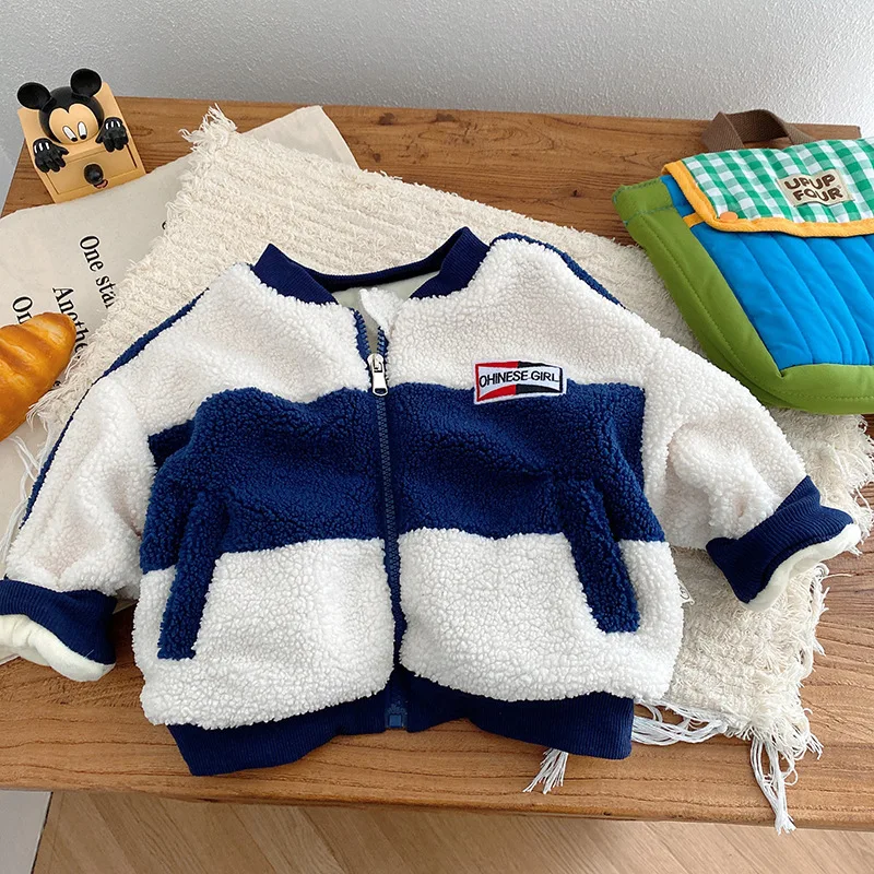 

Winter 1-6 Years Girl Children Plus Fleece Splicing Casual Coats Fashion Boy Baby Thicken Cardigan Long Sleeve Tops Kid Jackets
