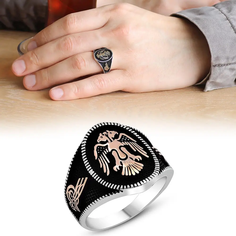 

Tuğra Embroidered Oval Double Eagle Pattern 925 Sterling Silver Men 'S Ring