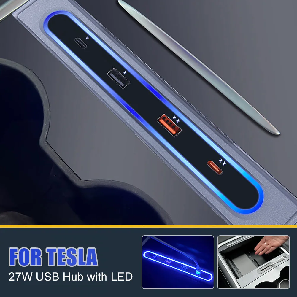 

USB Hub Charger Center Console Organizer Tray for 2021-2023 Tesla Model 3/Y Interior Accessories Armrest Hidden Storage Box