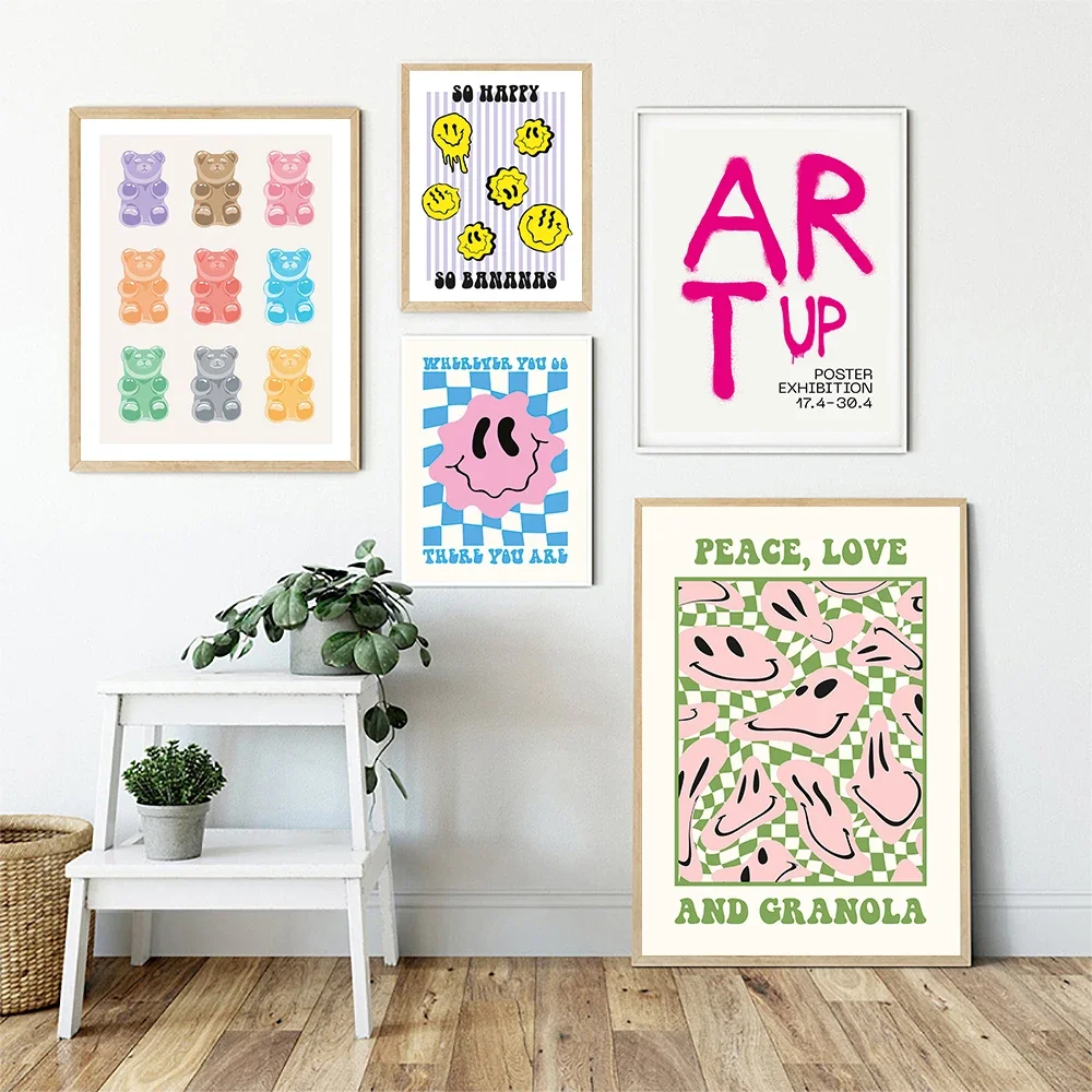 Абстрактный Плакат Со Смайликом Радужный Медведь Произведение Искусства Хиппи