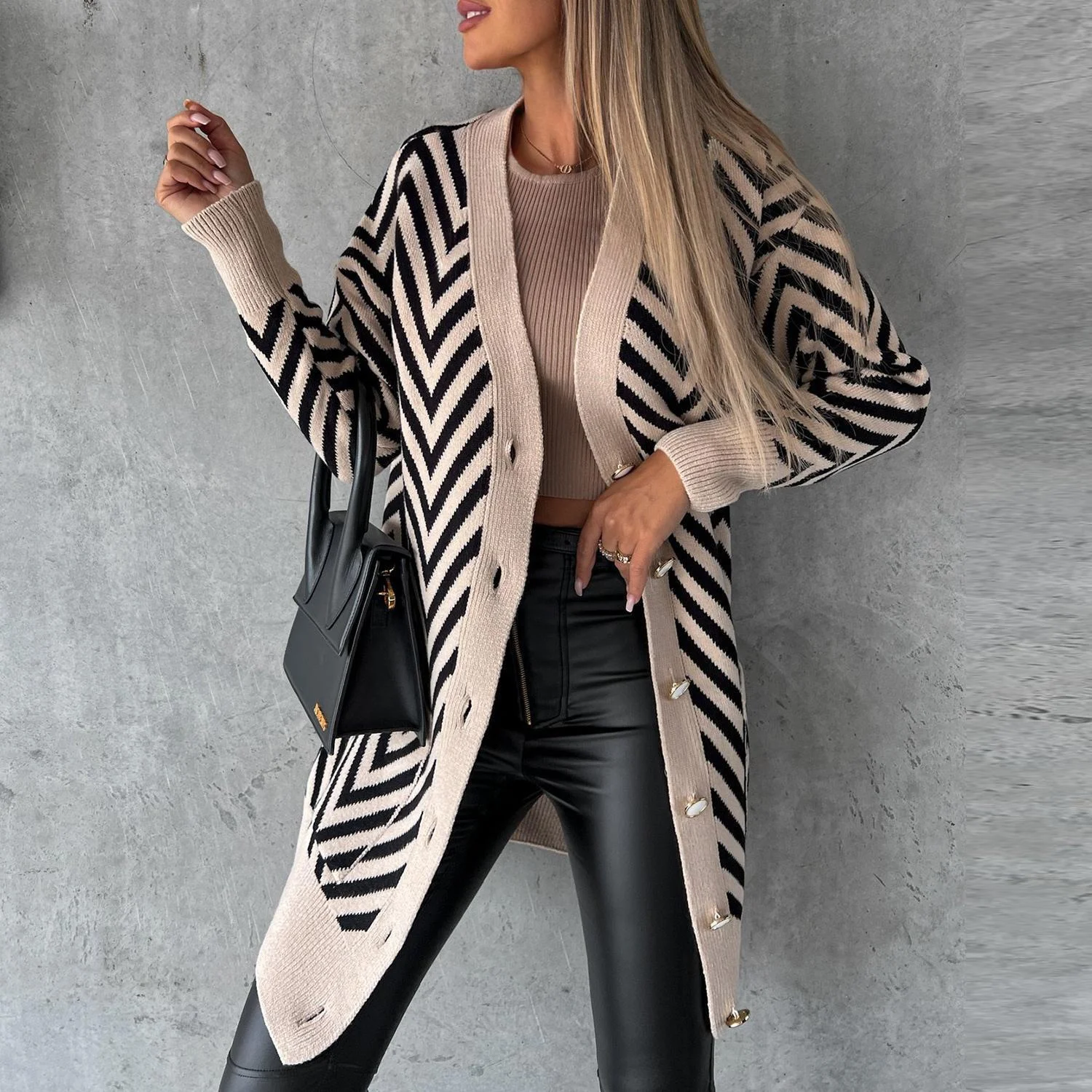 

Fall Winter Women's Long Cardigan Stripe Knitted Sweater Coat V Neck Single Breasted Leisure Pocket Color