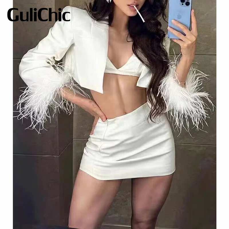 

Женский костюм-двойка GuliChic, повседневный короткий пиджак с манжетами из страусиных перьев и мини-юбка, 3,24