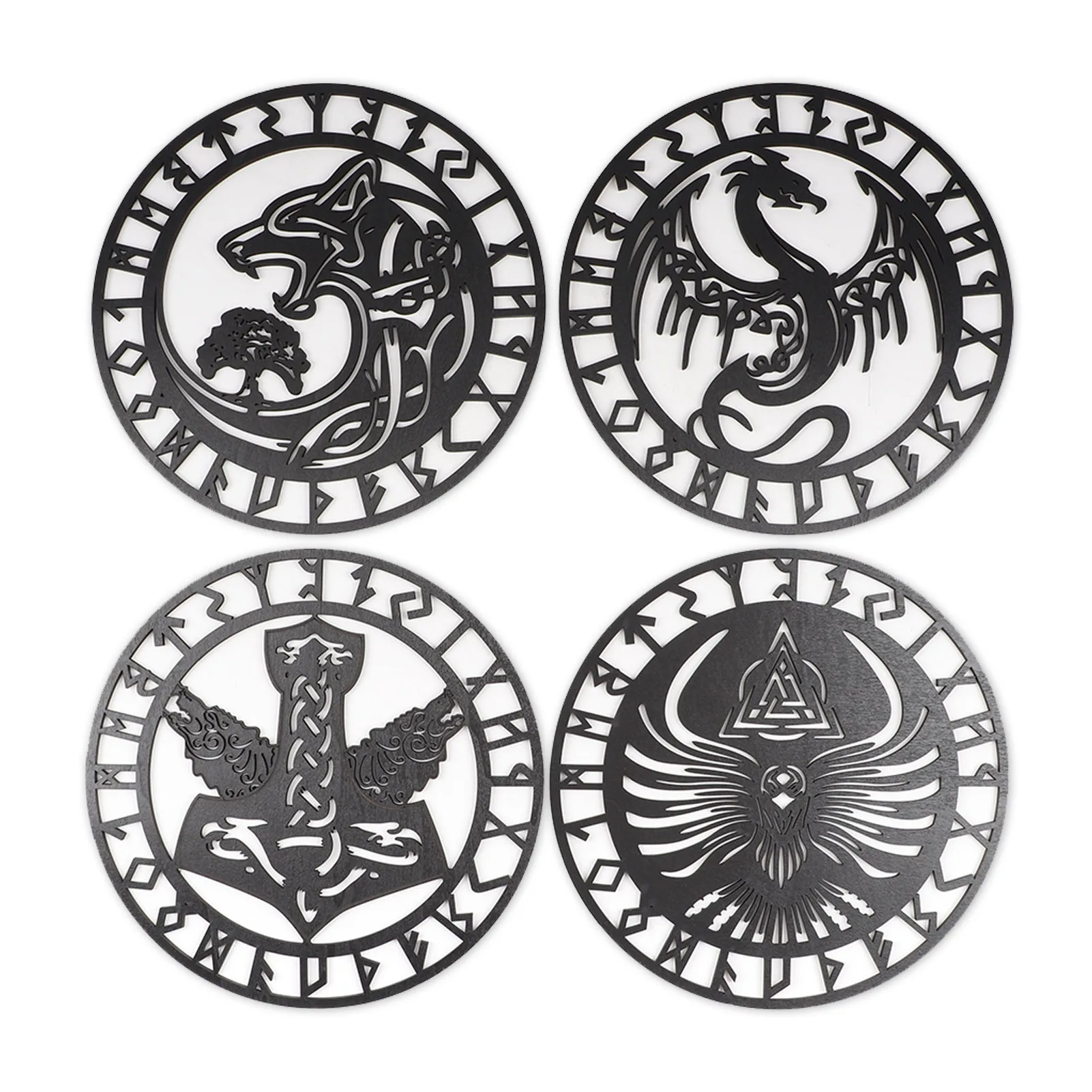 

4PCS Wood Round Wall Art Nordic Viking Decor Norse Mythology Celtic Symbols Interior Decoration Home Wall Decor Wall Art Decor
