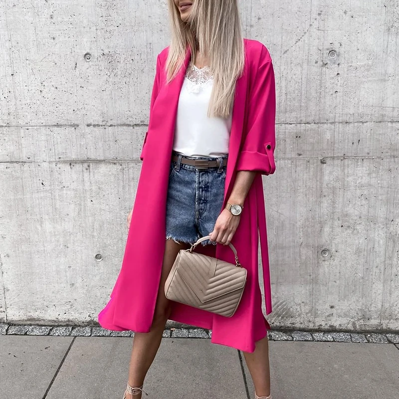

2022 Spring Deep V Neck Belted Jackets Outerwear Women Elegant Solid Long Office Tops Coats Autumn Fashion Streetwear Outerwears