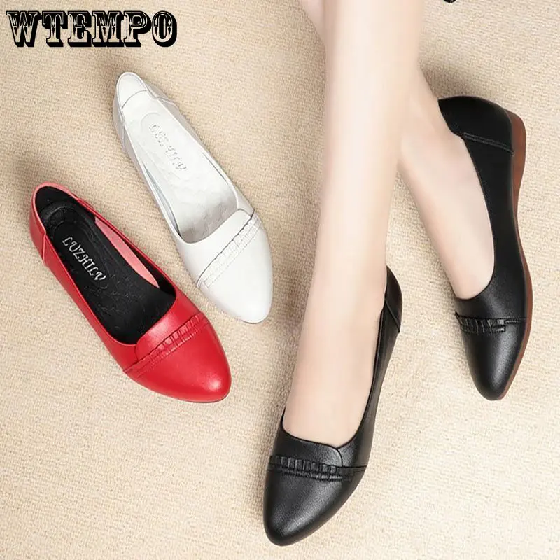 WTEMPO Spring Women Pumps Shoes Pointed Toe Women Flat Shoes Solid Color Slip on Casual Shoes Soft Comfort Leather Dropshipping