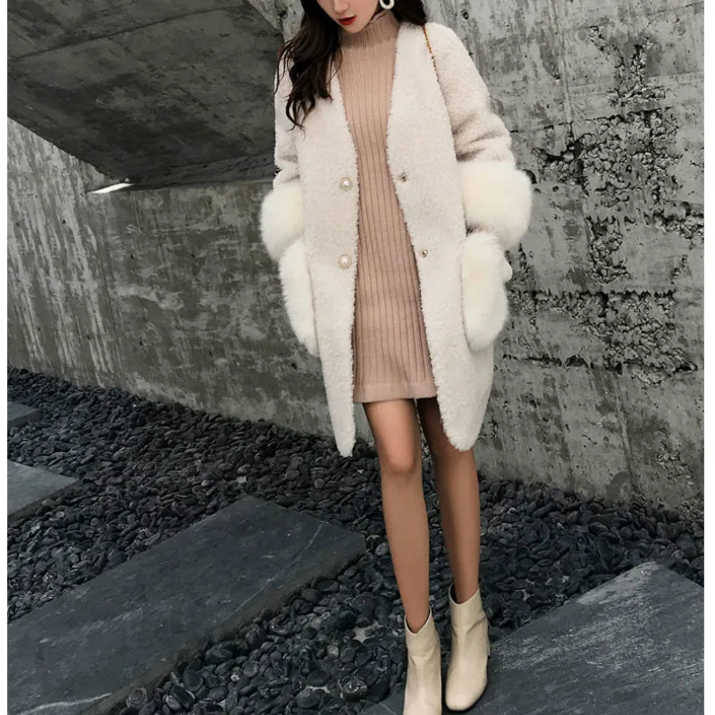 Women Artificial Mink Fur Trench Coat Imitation Fox Fur Coat Cardigan Pocket Single-breasted Wool Furry Tops 2023 Winter Autumn