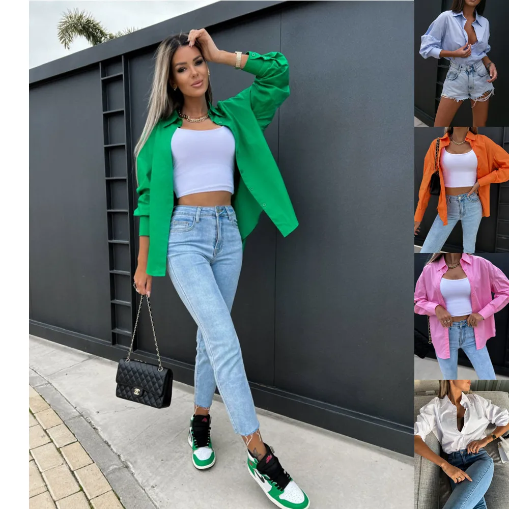 

Women's blouse 2022 spring and summer new loose solid color long-sleeved lapel button-down shirt fashion woman blouses