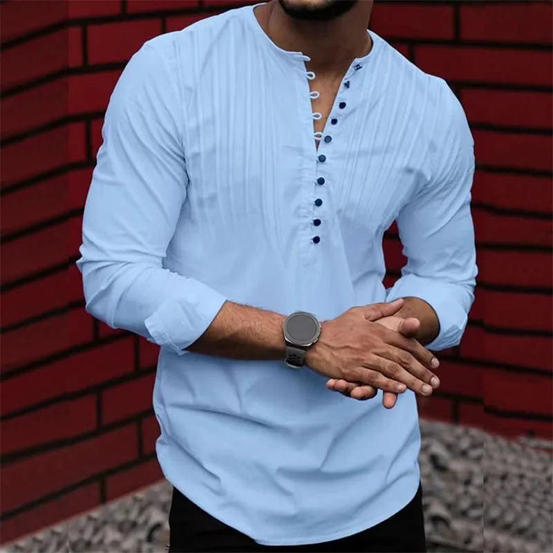 

2023 New Men's Casual Cotton Linen Shirt Standing Collar Men's Solid Long Sleeve Loose Spring and Autumn Handsome Men's Shirt