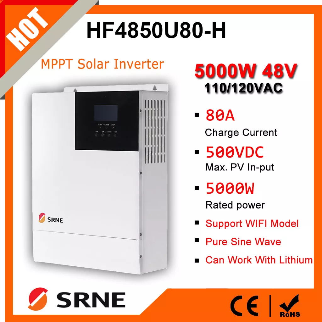 SRNE 5000W 48V Hybrid Inversor Built-in 80A MPPT Solar Charger 110-120Vac PV 500VDC 50Hz/ 60Hz 40A Battey Charger Support WIFI