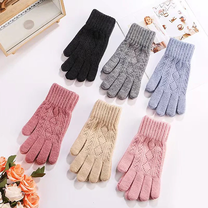 

1Pair Women Warm Winter Touch Screen Gloves Stretch Knit Mittens Wool Full Finger Female Crochet Glove