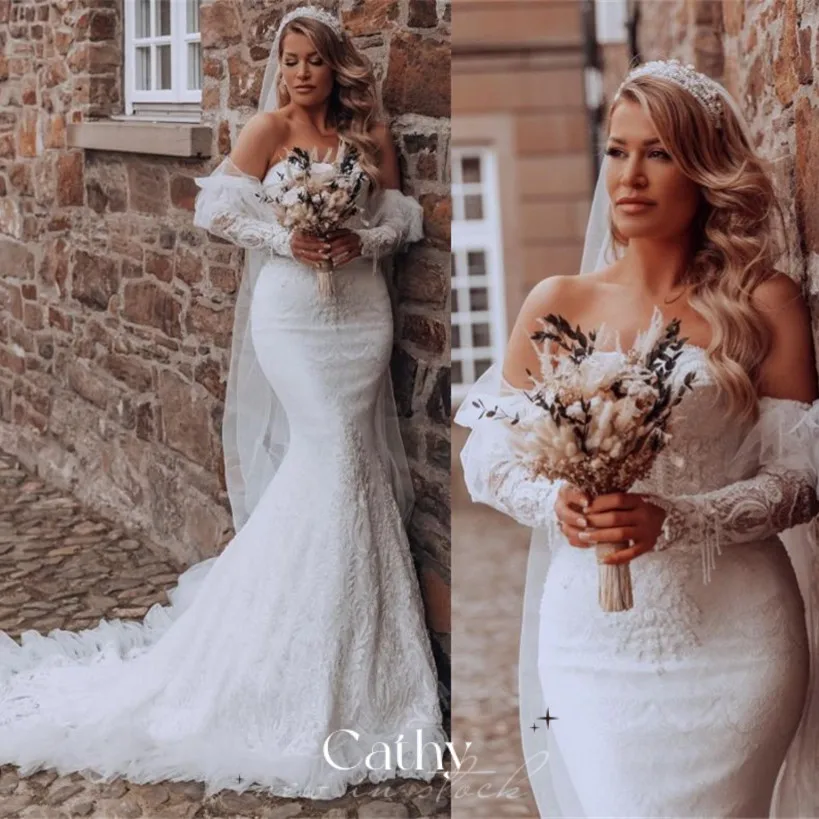

Sexy Mermaid Vestidos De Novia Beach Lace Embroidery Trumpet Bride Gown Boho Off The Shoulder Fishtail Wedding Dress
